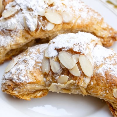 These glazed Almond Croissant Cookies are arranged on a white plate, revealing a tender almond filling inside.