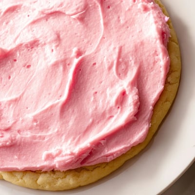 A batch of freshly baked Crumbl Pink Sugar Cookies on a cooling rack, with vibrant pink frosting spread generously over each cookie.