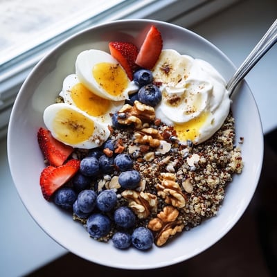 The Dietitians Balanced Breakfast Bowl features sliced banana, crunchy walnuts, and a drizzle of honey for a wholesome morning meal.