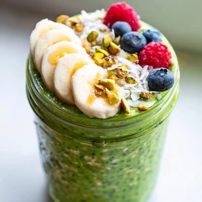 Creamy matcha overnight oats served in a glass jar with coconut flakes and pistachios