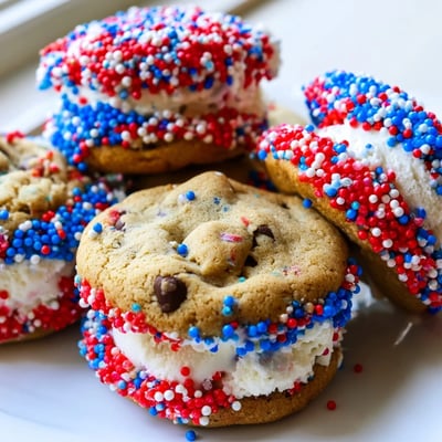 Chewy mini cookies sandwich creamy vanilla in these Patriotic Mini Ice Cream Sandwiches