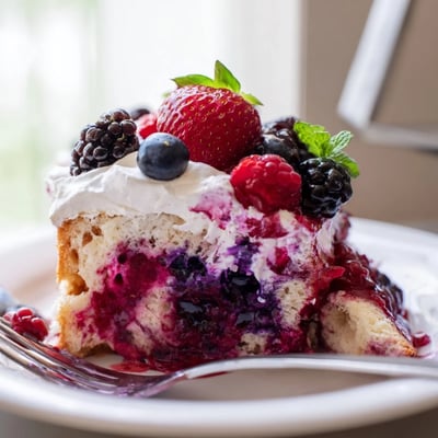 A slice of summer berry poke cake drizzled with vibrant jewel-toned berry sauce