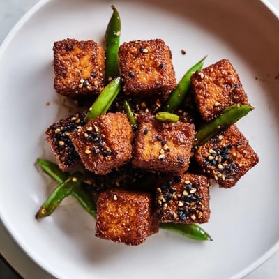 Wok-fried black pepper tofu with tender green beans scattered with sesame seeds