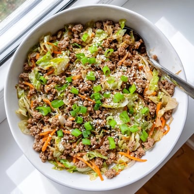 Garnished keto egg roll in a bowl served hot with sesame seeds