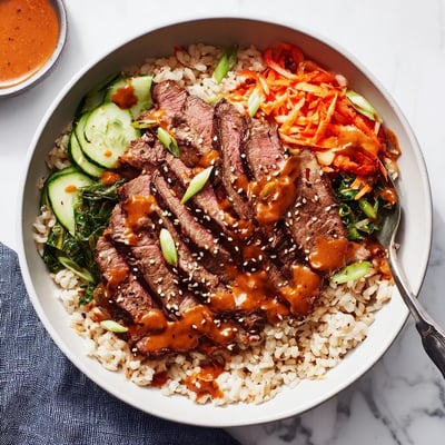 Caramelized beef slices layered with crisp veggies and kimchi in Korean BBQ steak rice bowls with spicy cream sauce