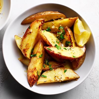Bowl of Authentic Greek Lemon Potatoes Recipe, crispy edges, tender centers, parsley garnish