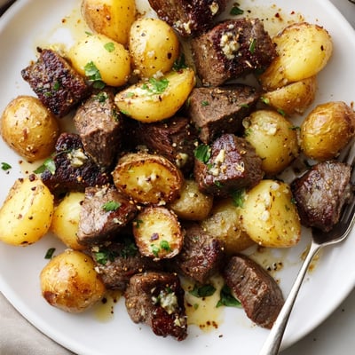 Garlic Steak Bites and Potatoes Recipe tossed with parsley, perfect for weeknight dinners.