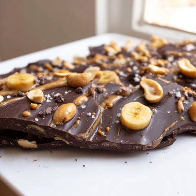 Viral chocolate banana bark with melted peanut butter drizzle and roasted almonds