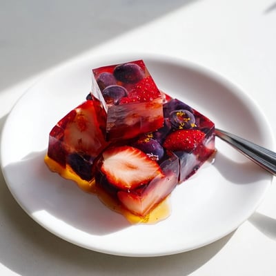 Homemade collagen fruit jellies cut into jewel-toned squares on a chilled serving plate
